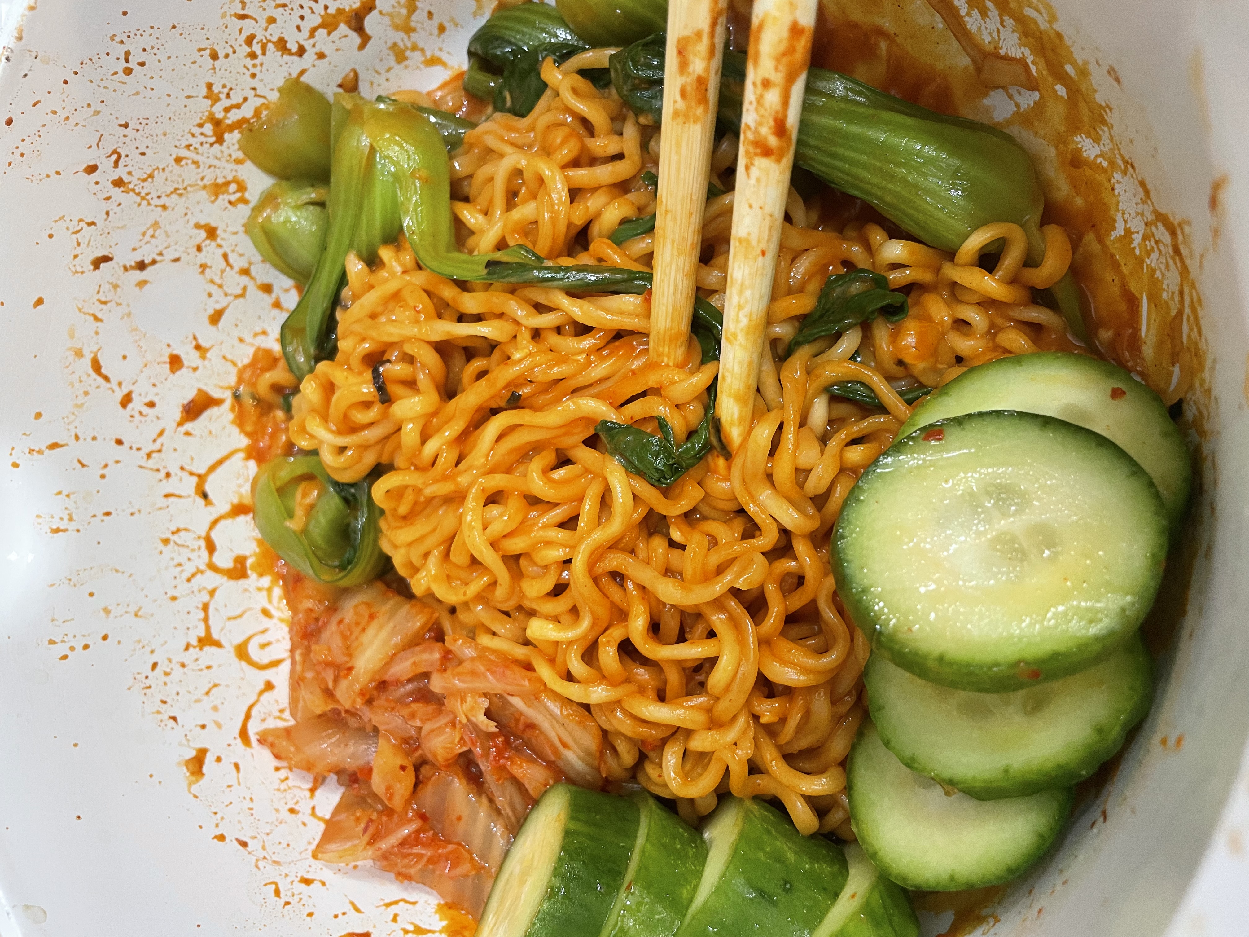 buldak with cucumber and bok choy