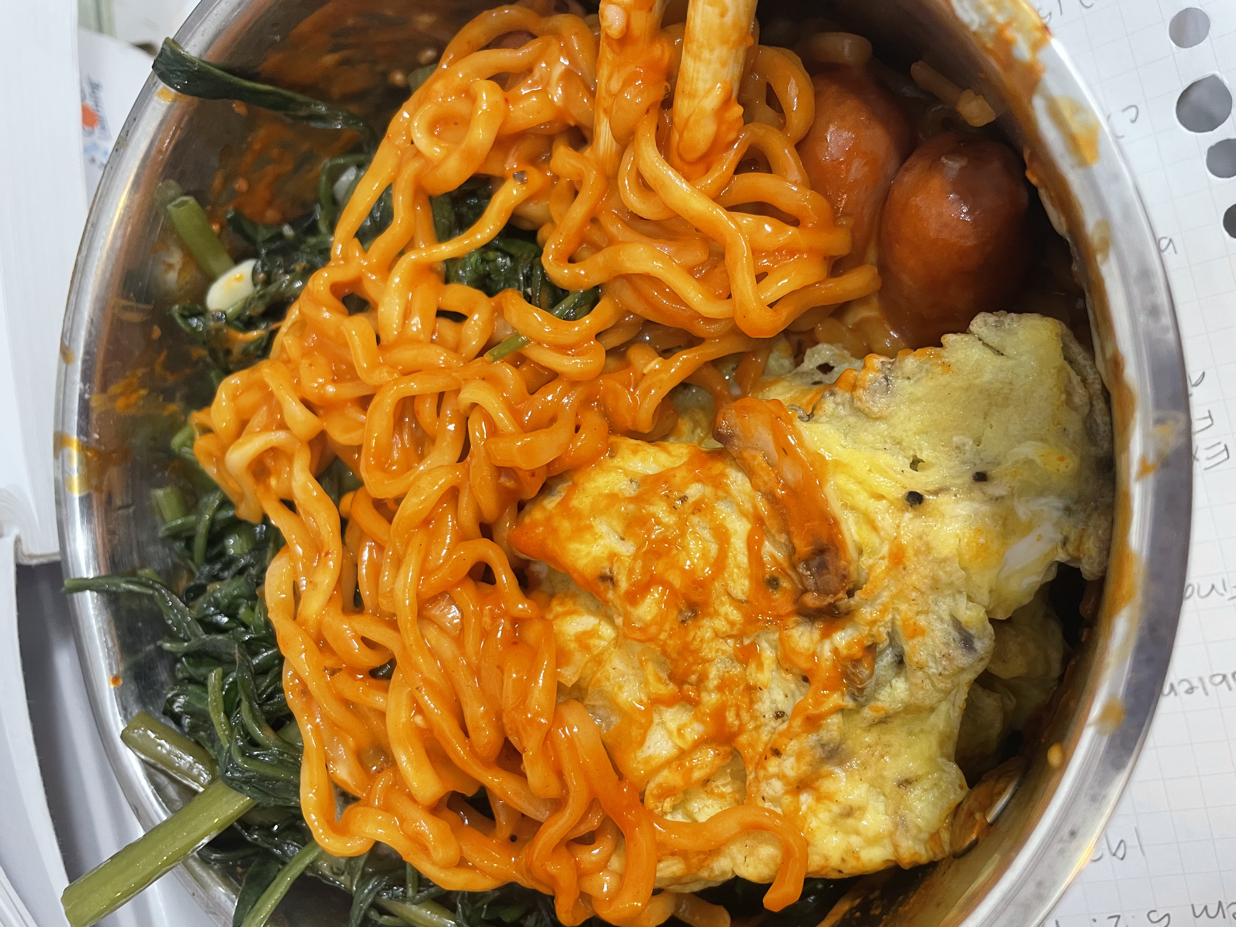 buldak with spinach, egg, and sausages