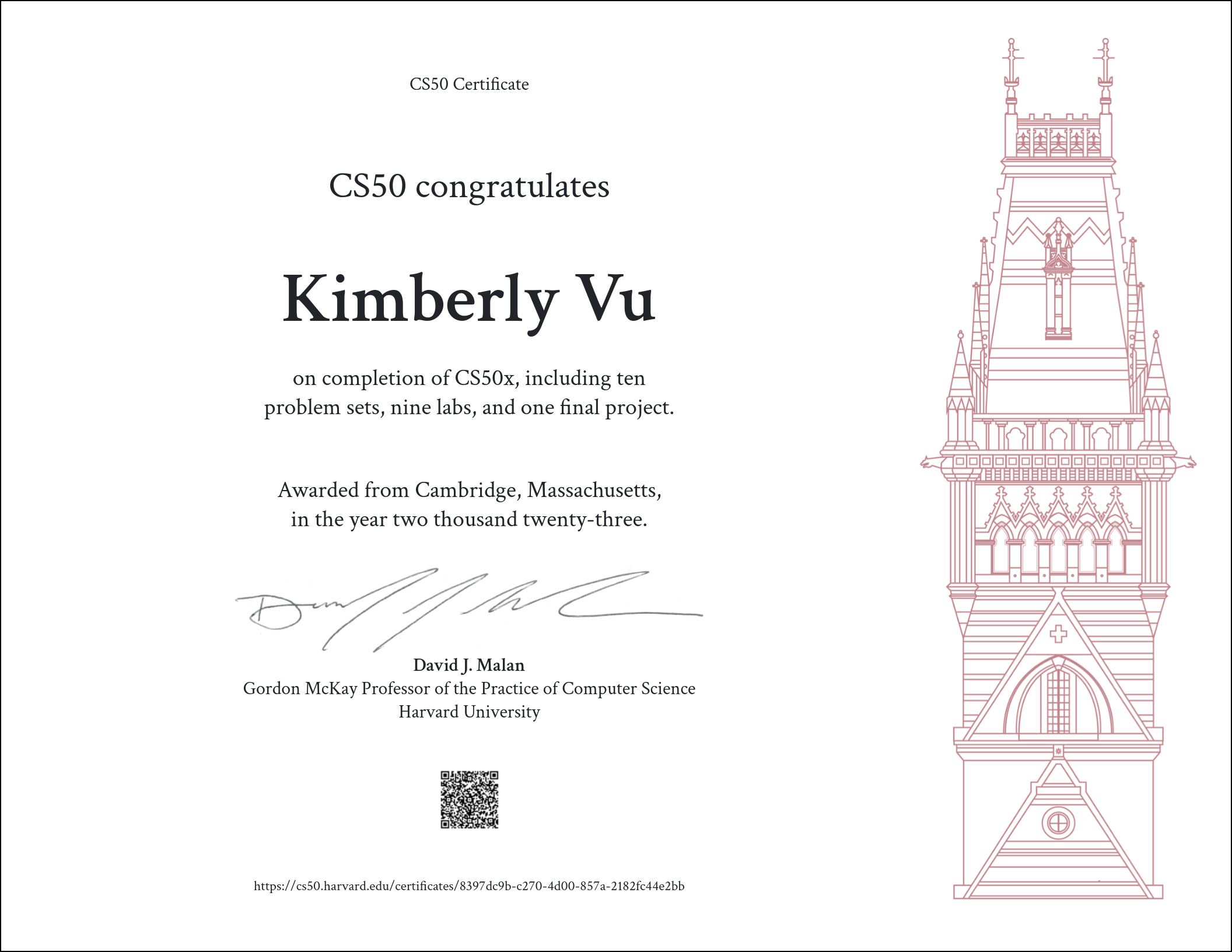 kimberly's cs50x certificate